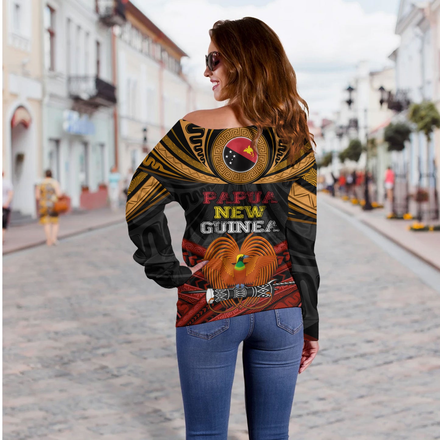 Papua New Guinea Custom Personalised Off Shoulder Sweatshirt Papua New Guinea Fabric Pattern Design