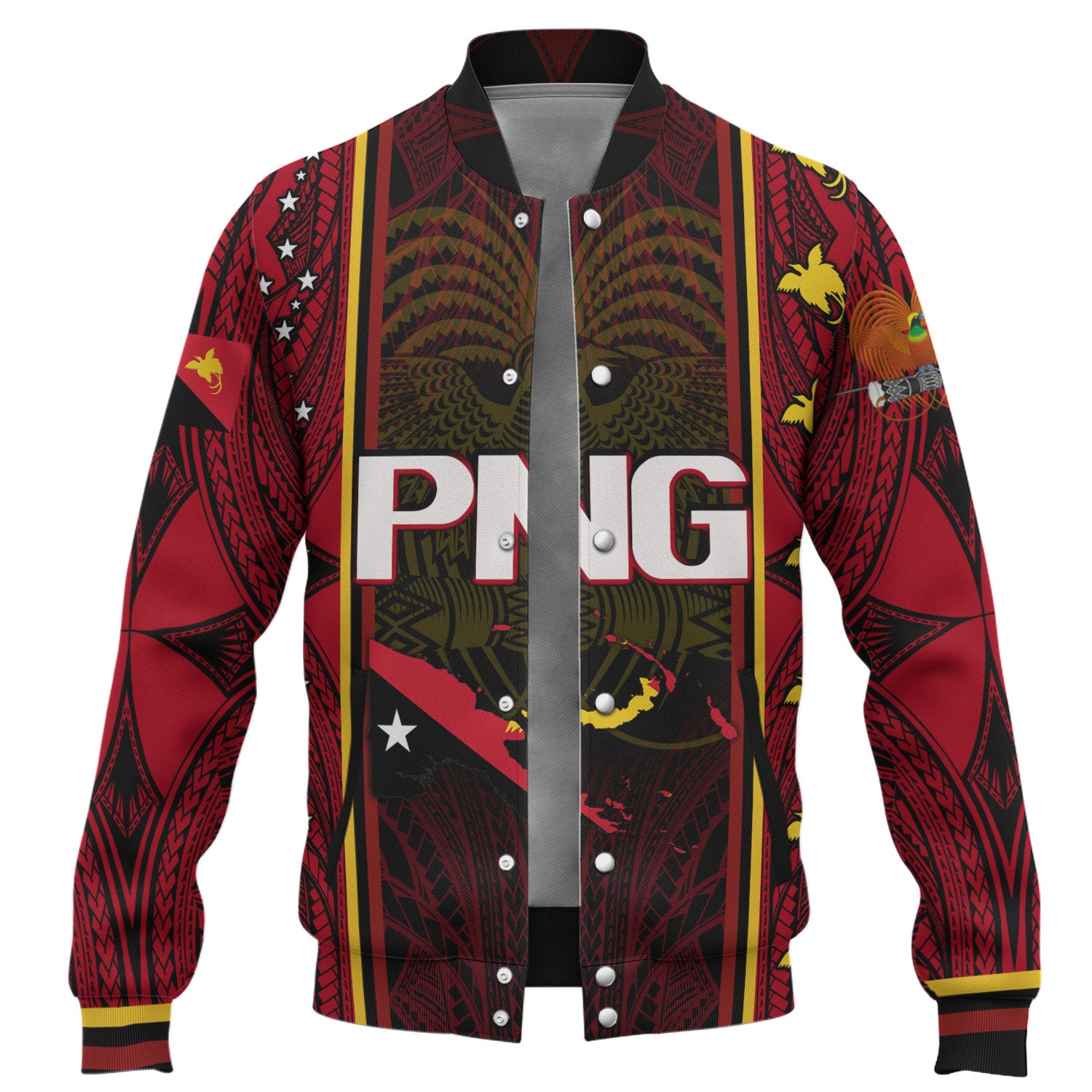 Papua New Guinea Custom Personalised Baseball Jacket Seal And Map Tribal Traditional Patterns
