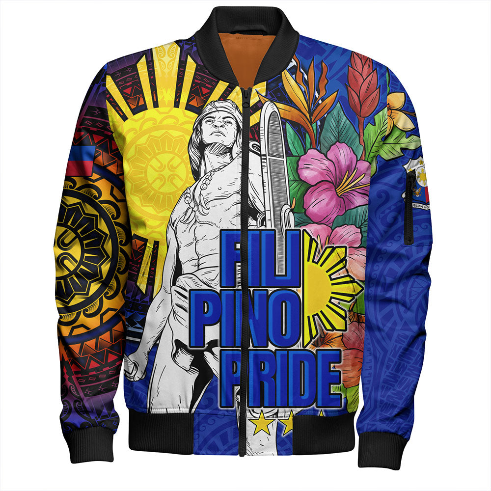 Philippines Filipinos Bomber Jacket Lapu-lapu Hero With Philippines Flowers Style