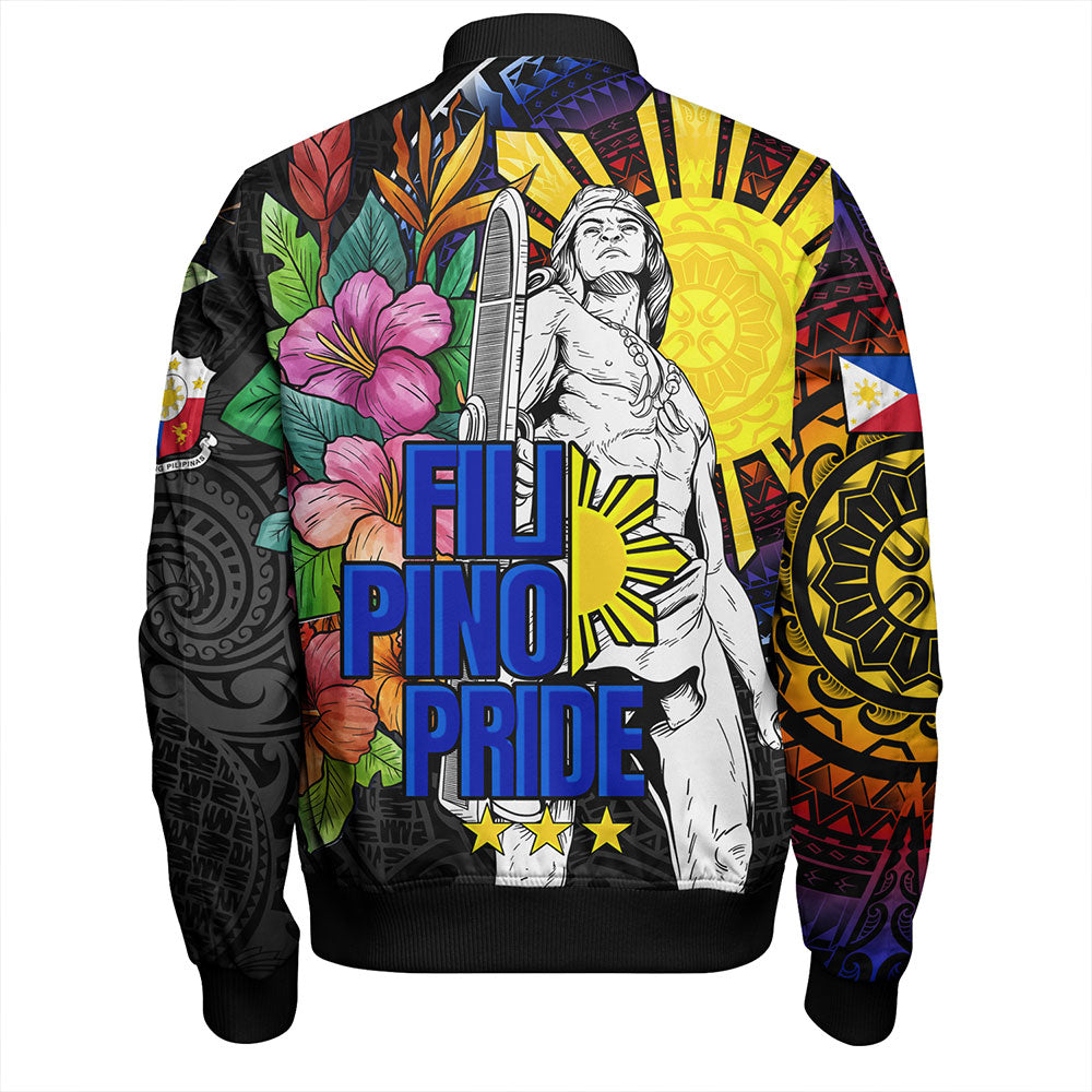 Philippines Filipinos Bomber Jacket Lapu-lapu Hero With Philippines Flowers Style