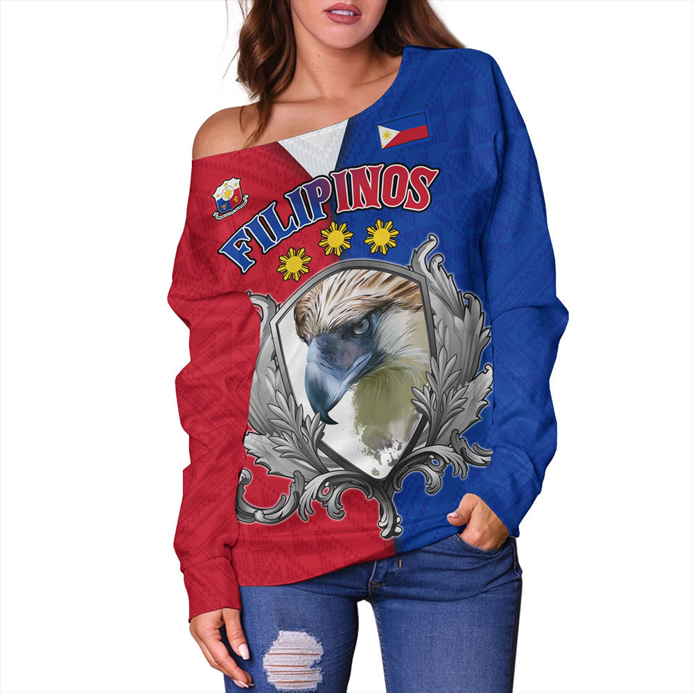 Philippines Filipinos Off Shoulder Sweatshirt The Philippine Eagle With Traditional Patterns