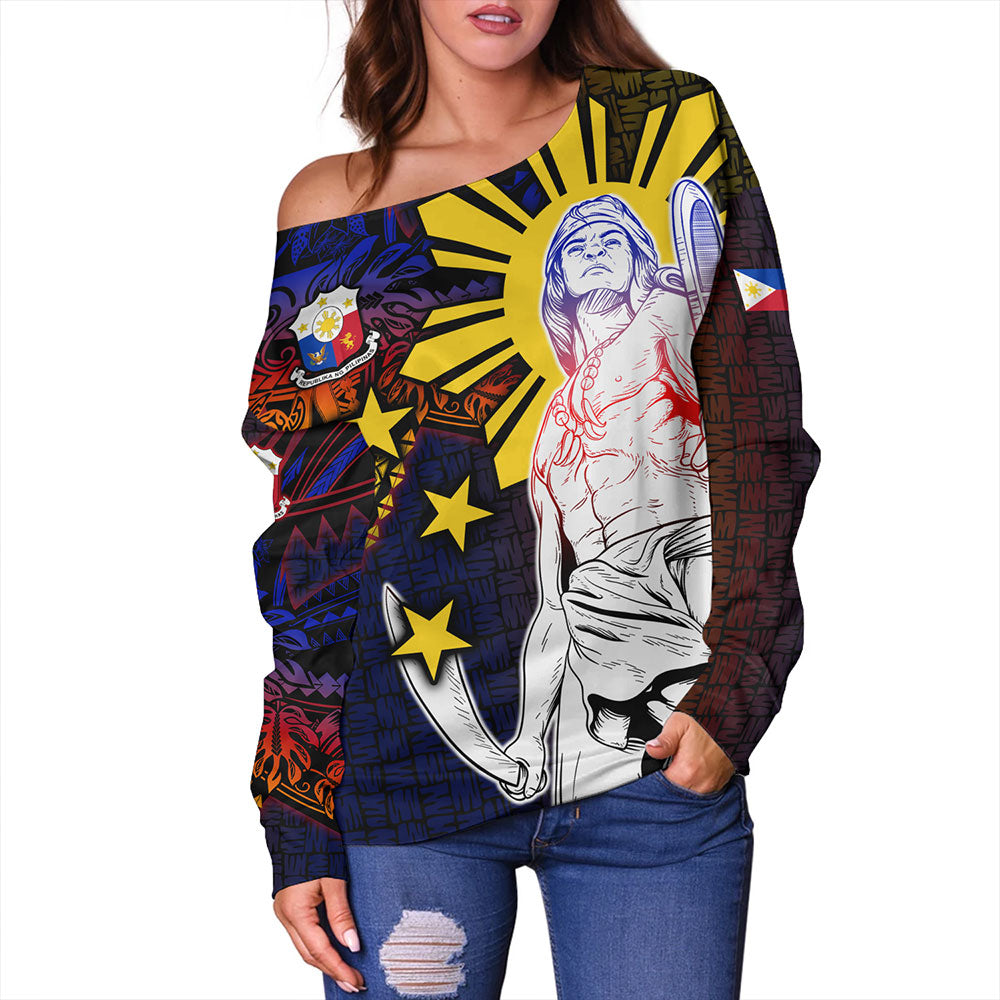 Philippines Filipinos Off Shoulder Sweatshirt Lapu-lapu Hero With Seal Filipinos Tribal Patterns
