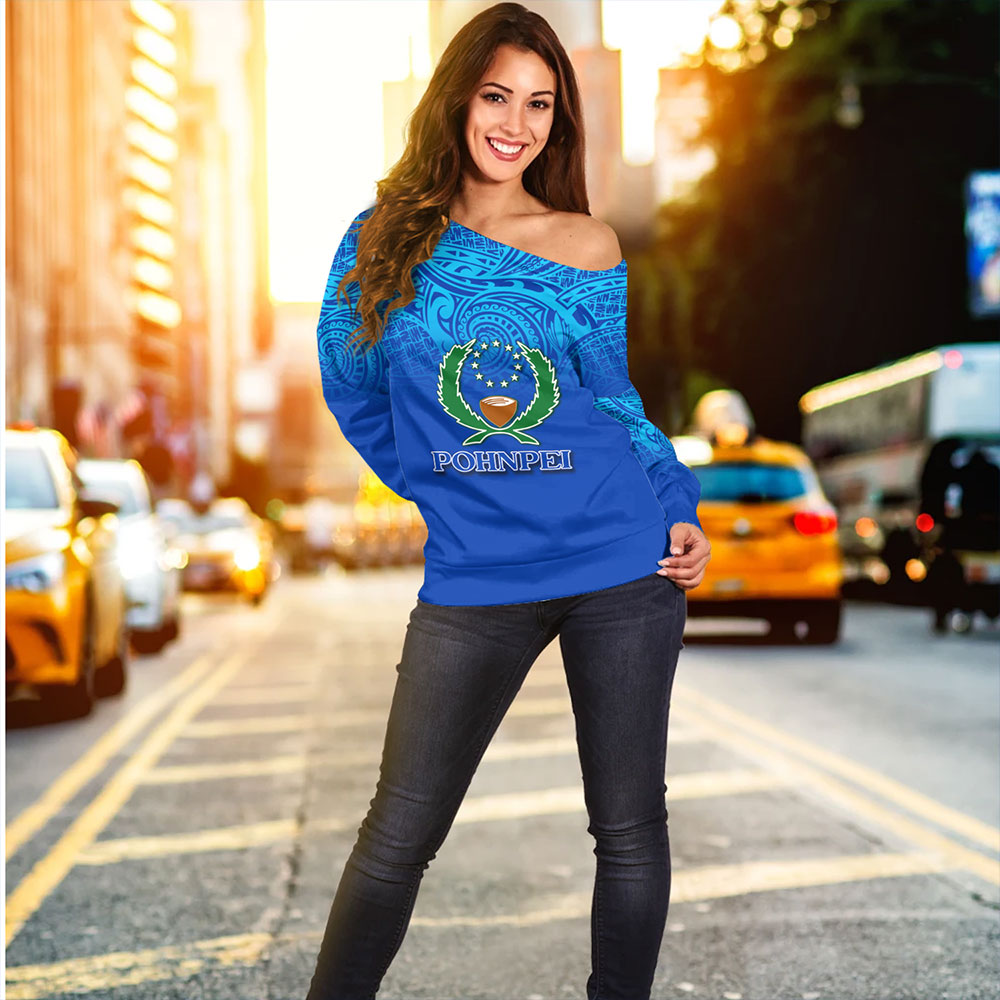 Pohnpei State Off Shoulder Sweatshirt Flag Color With Traditional Patterns