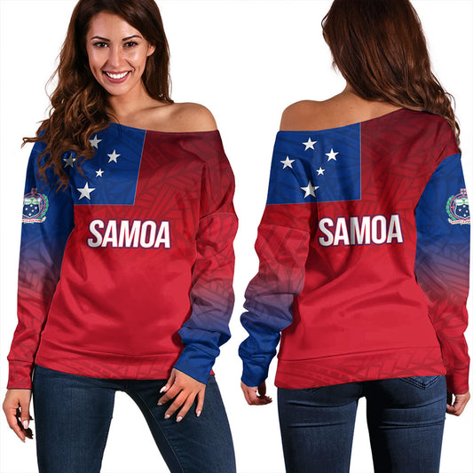 Samoa Off Shoulder Sweatshirt - Samoa Flag Color With Traditional Patterns