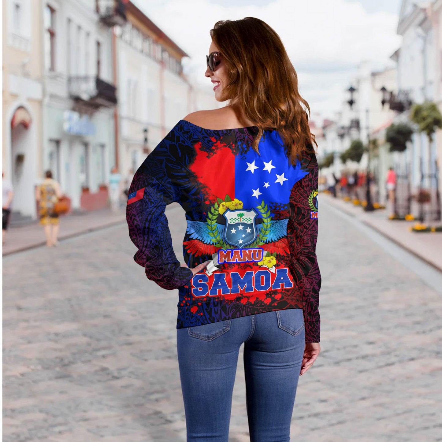 Samoa Off Shoulder Sweatshirt Manu Wings Color Flag Style