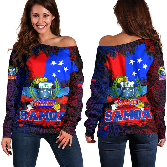 Samoa Off Shoulder Sweatshirt Manu Wings Color Flag Style