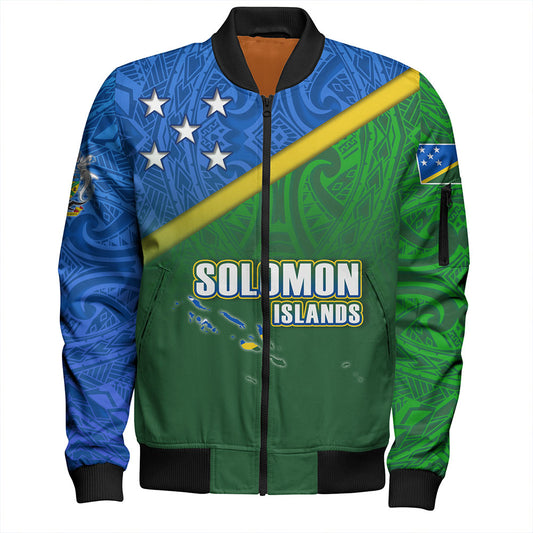 Solomon Islands Bomber Jacket Flag Color With Traditional Patterns