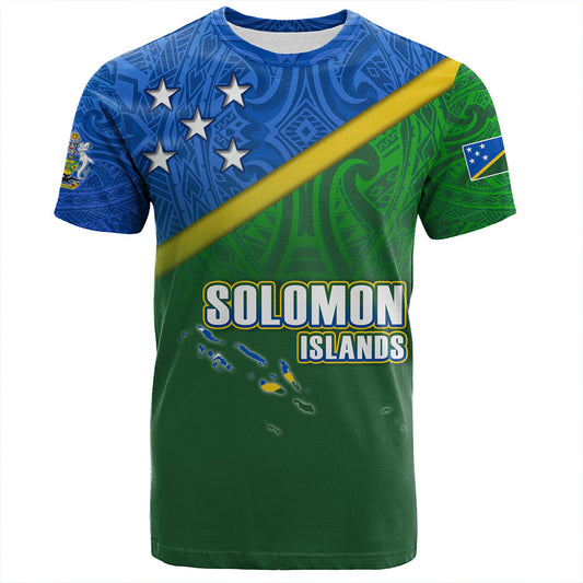 Solomon Islands T-Shirt Flag Color With Traditional Patterns