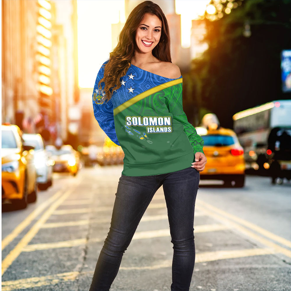 Solomon Islands Off Shoulder Sweatshirt Flag Color With Traditional Patterns