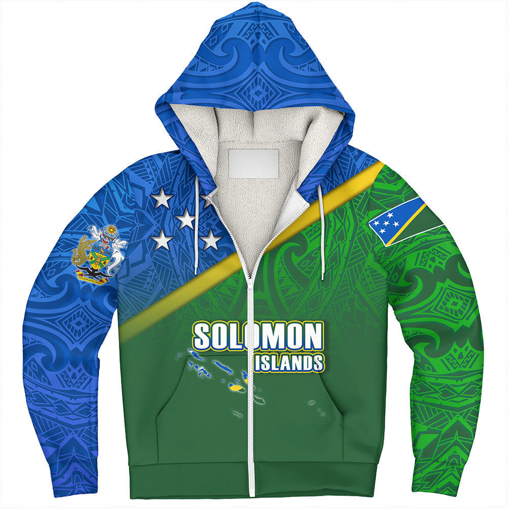 Solomon Islands Sherpa Hoodie Flag Color With Traditional Patterns