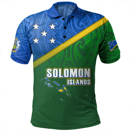 Solomon Islands Polo Shirt Flag Color With Traditional Patterns