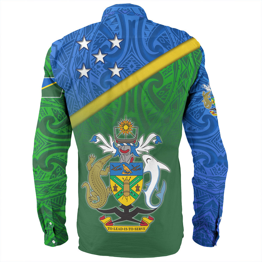 Solomon Islands Long Sleeve Shirt Flag Color With Traditional Patterns