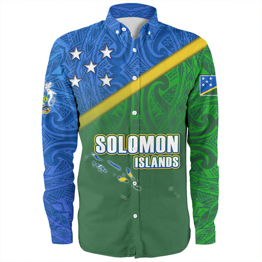 Solomon Islands Long Sleeve Shirt Flag Color With Traditional Patterns