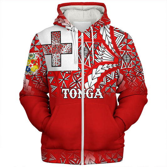 Tonga Sherpa Hoodie - Tonga Flag Color With Traditional Patterns