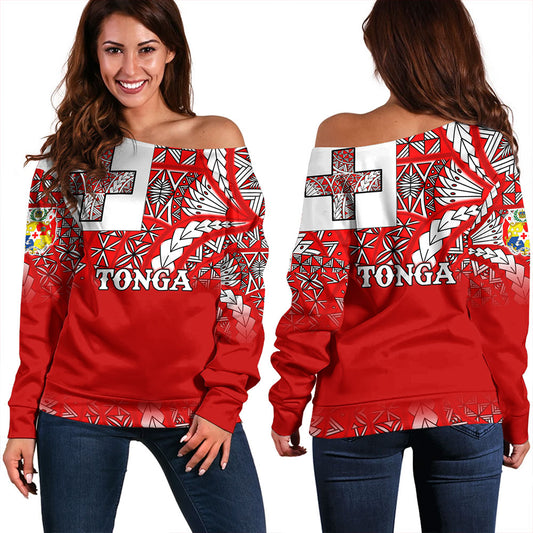 Tonga Off Shoulder Sweatshirt - Tonga Flag Color With Traditional Patterns