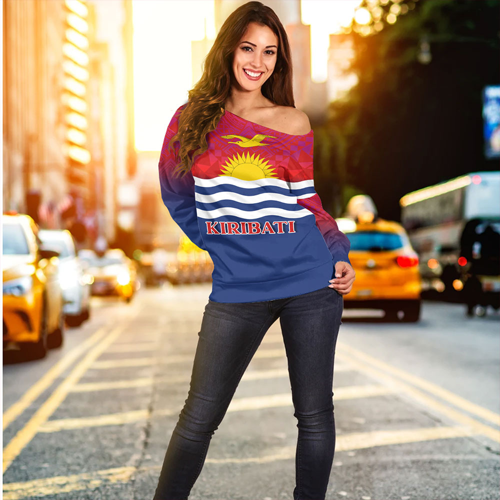 Kiribati Off Shoulder Sweatshirt Flag Color With Traditional Patterns