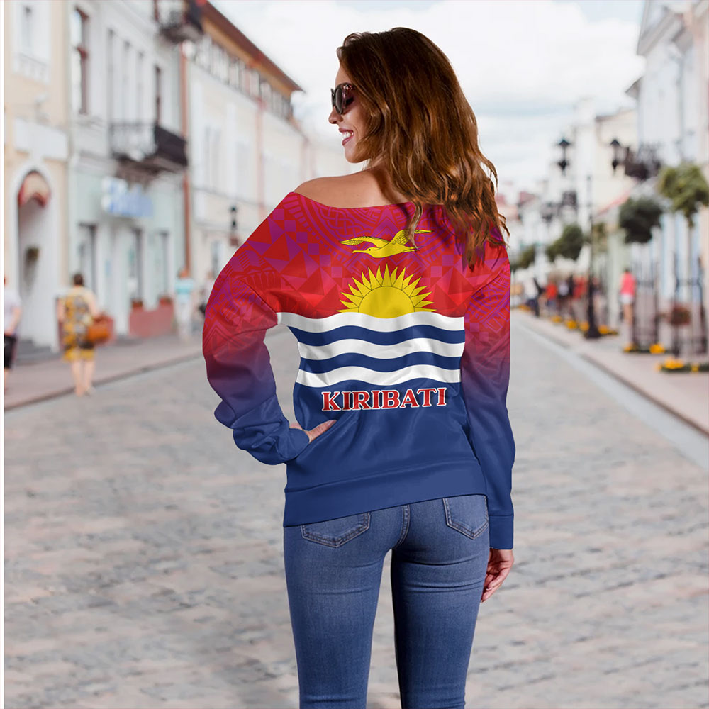 Kiribati Off Shoulder Sweatshirt Flag Color With Traditional Patterns