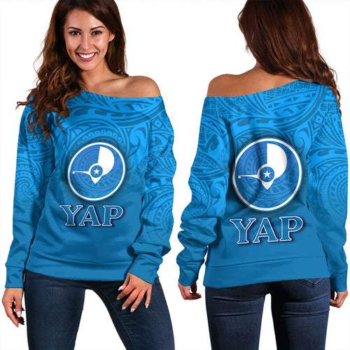 Yap State Off Shoulder Sweatshirt Flag Color With Traditional Patterns