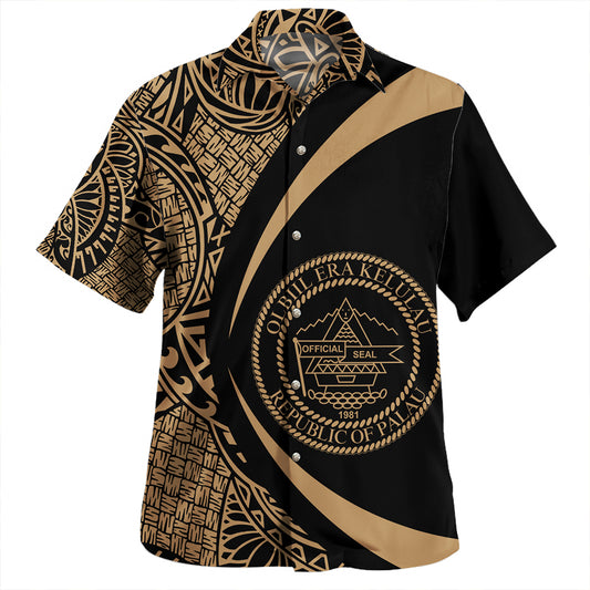 Palau Hawaiian Shirt Coat Of Arm Lauhala Gray Circle