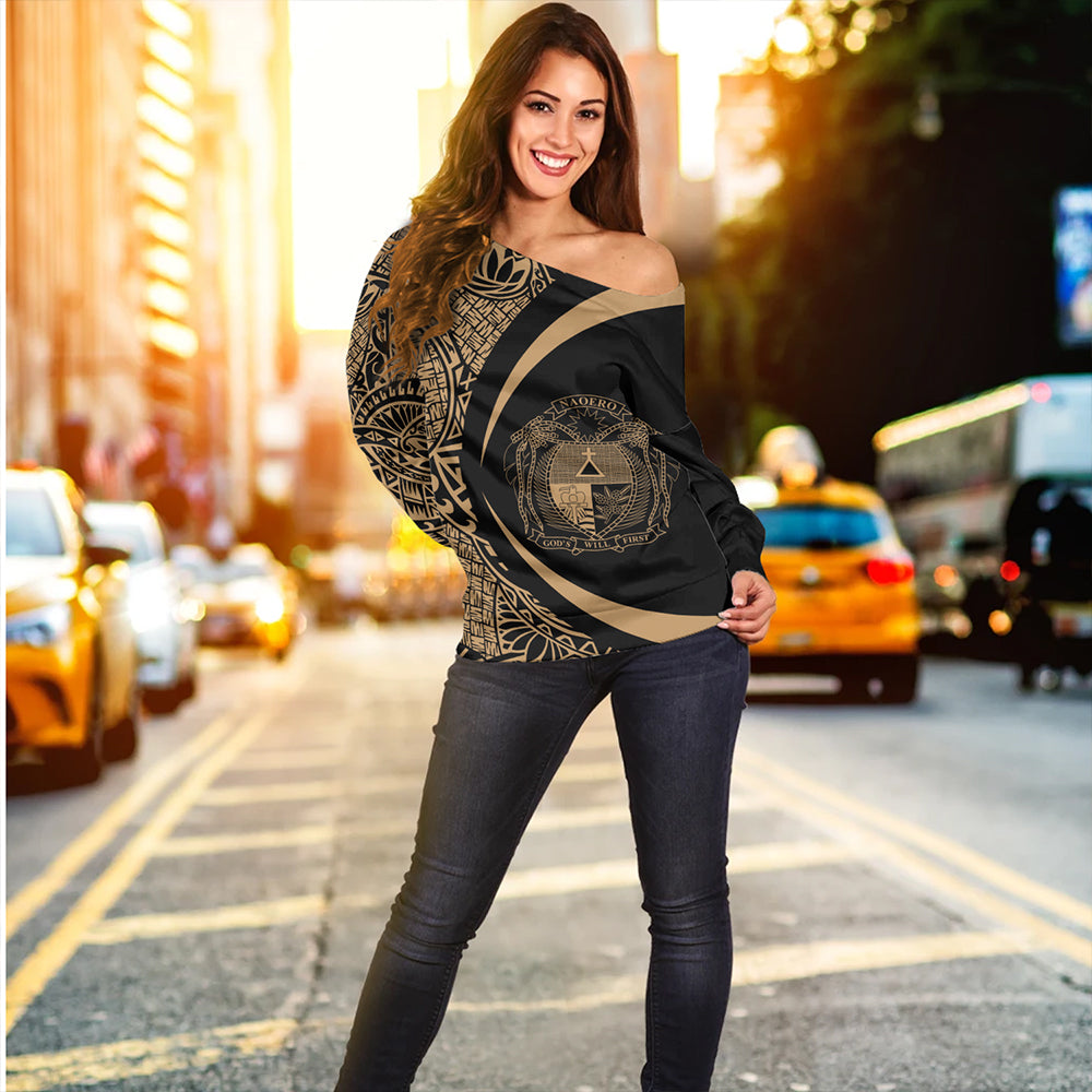 Nauru Off Shoulder Sweatshirt Coat Of Arm Lauhala Gold Circle