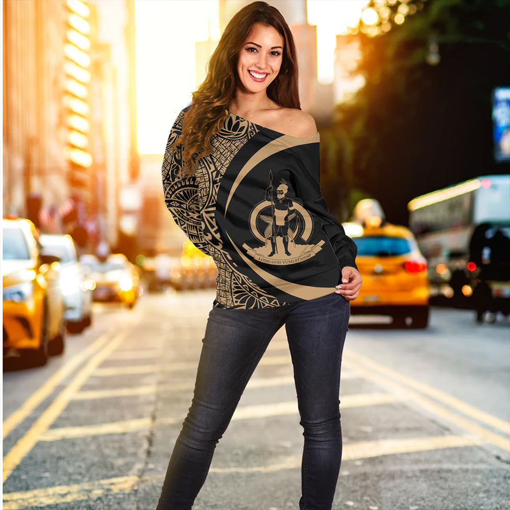 Vanuatu Off Shoulder Sweatshirt Coat Of Arm Lauhala Gold Circle