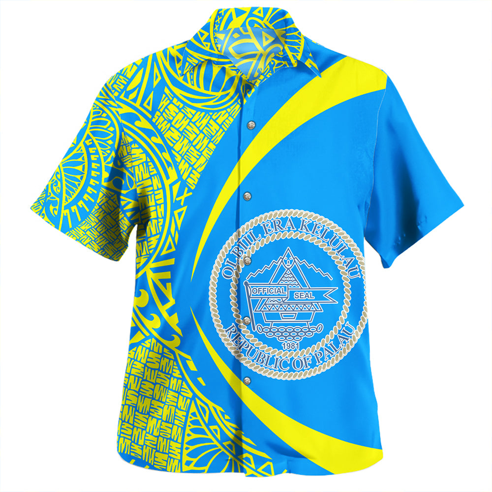Palau Hawaiian Shirt Coat Of Arm Lauhala Gold Circle