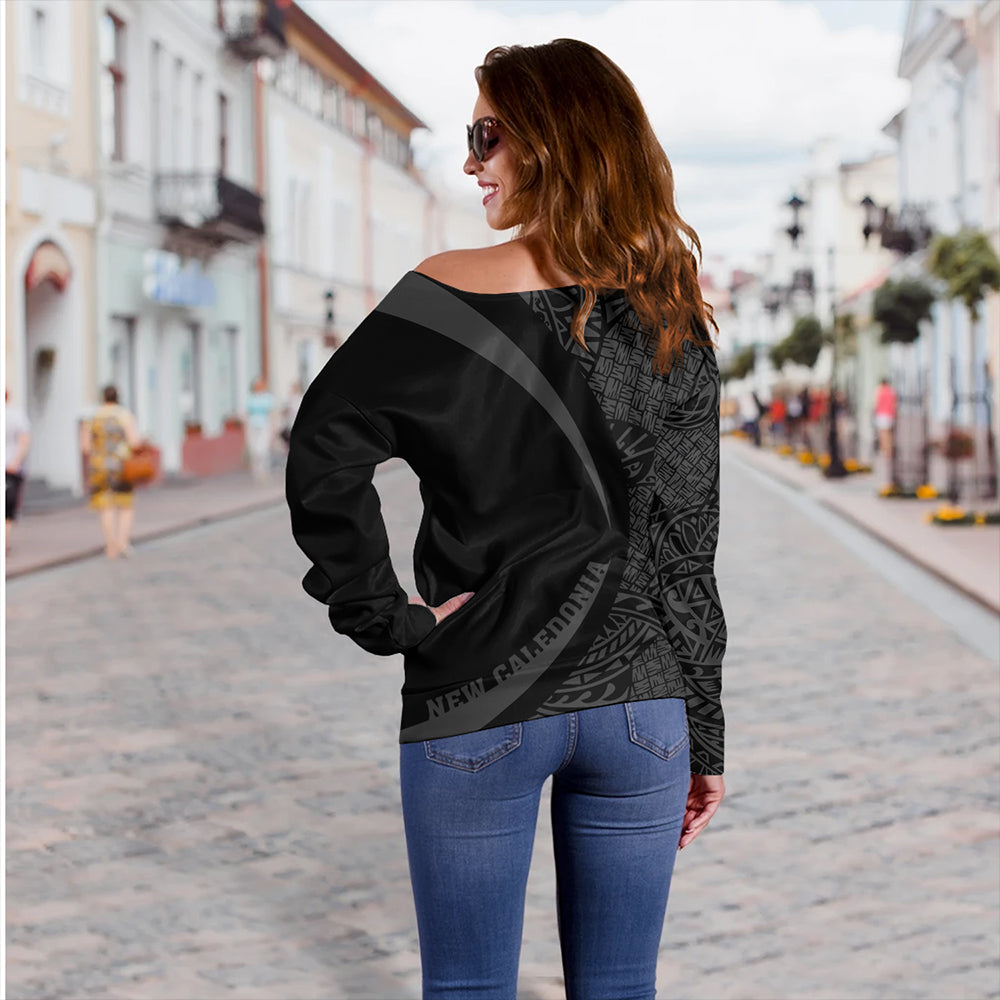 New Caledonia Off Shoulder Sweatshirt Coat Of Arm Lauhala Gray Circle