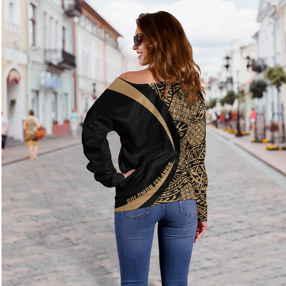 Solomon Islands Off Shoulder Sweatshirt Coat Of Arm Lauhala Gold Circle