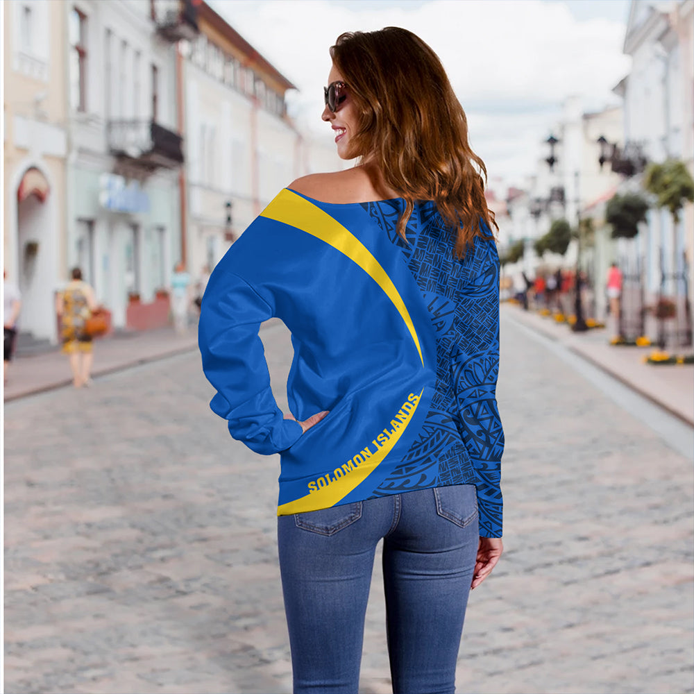 Solomon Islands Off Shoulder Sweatshirt Coat Of Arm Lauhala Circle