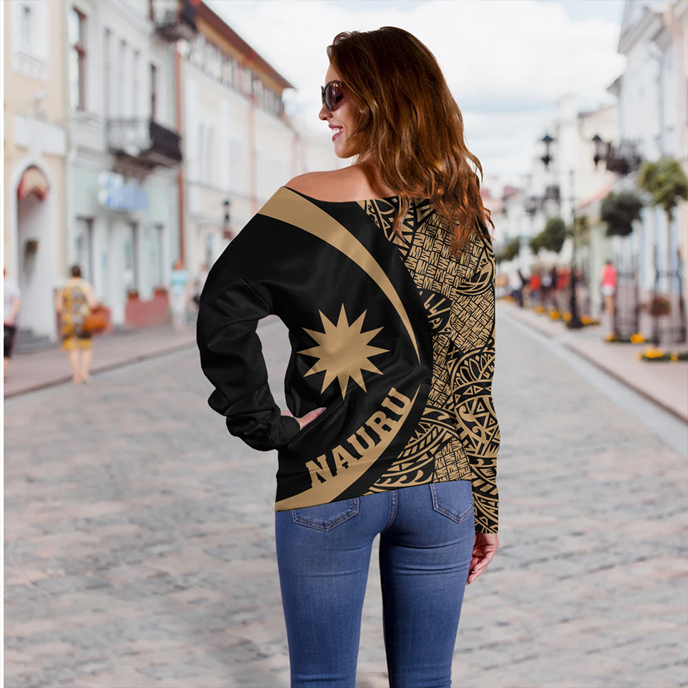 Nauru Off Shoulder Sweatshirt Coat Of Arm Lauhala Gold Circle