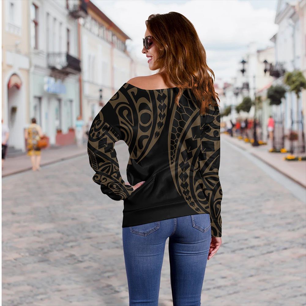 Hawaii Off Shoulder Sweatshirt Hawaiian Map Kakau Style Gold