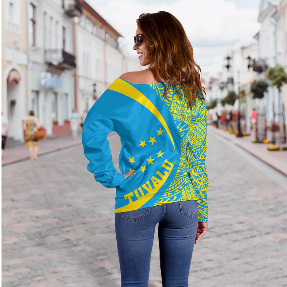 Tuvalu Off Shoulder Sweatshirt Coat Of Arm Lauhala Circle