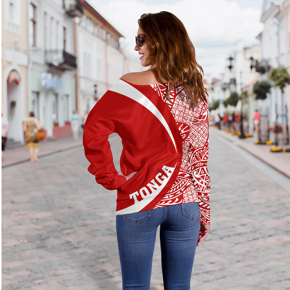 Tonga Off Shoulder Sweatshirt Coat Of Arm Lauhala Circle