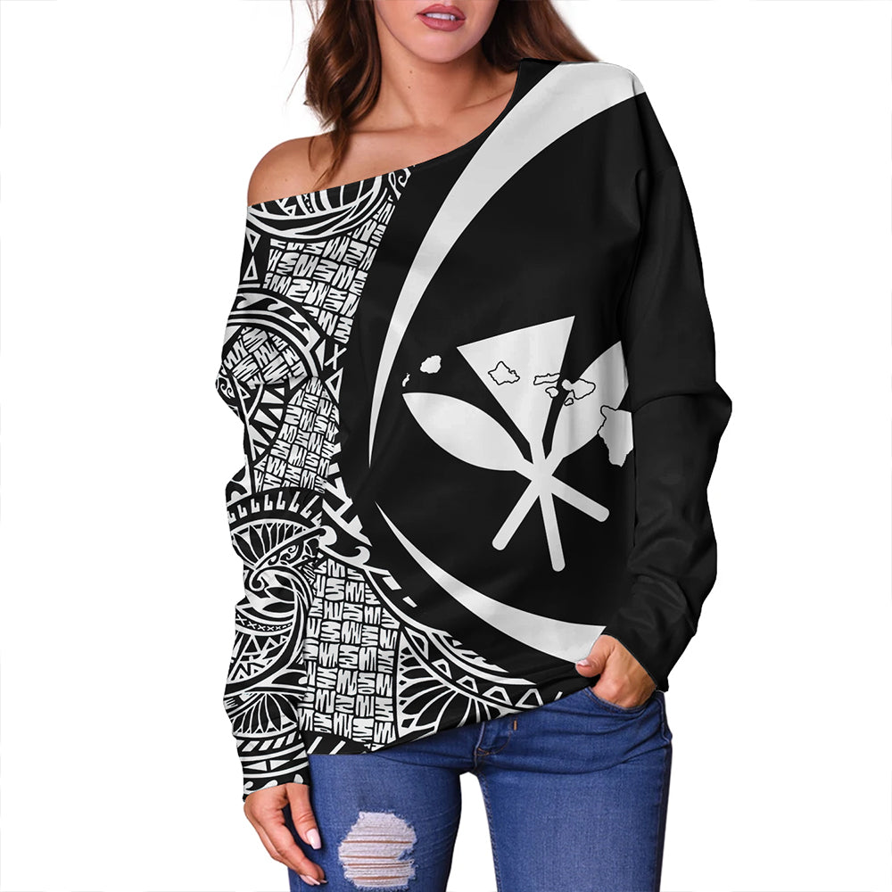 Hawaii Off Shoulder Sweatshirt Kanaka Maoli Hawaiian Map Lauhala White Circle