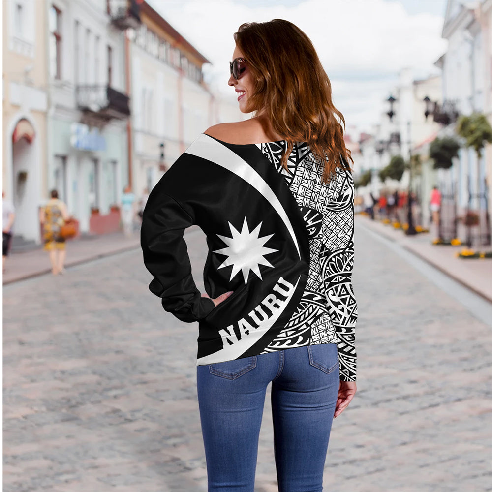 Nauru Off Shoulder Sweatshirt Coat Of Arm Lauhala White Circle