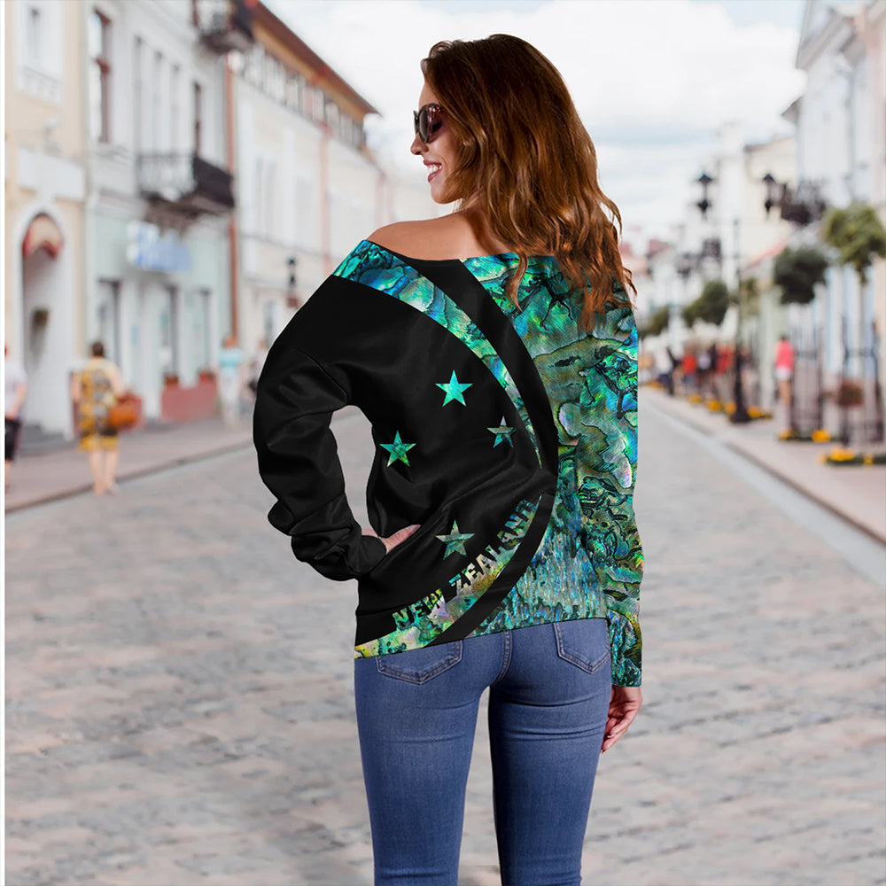 New Zealand Off Shoulder Sweatshirt Silver Fern Papua Shell Circle