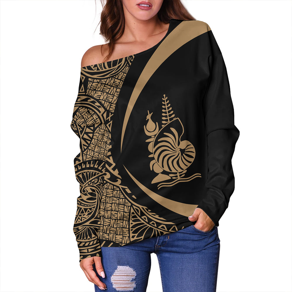 New Caledonia Off Shoulder Sweatshirt Coat Of Arm Lauhala Gold Circle