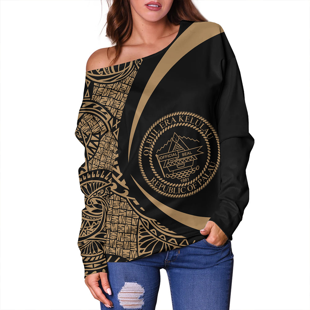 Palau Off Shoulder Sweatshirt Coat Of Arm Lauhala Gold Circle