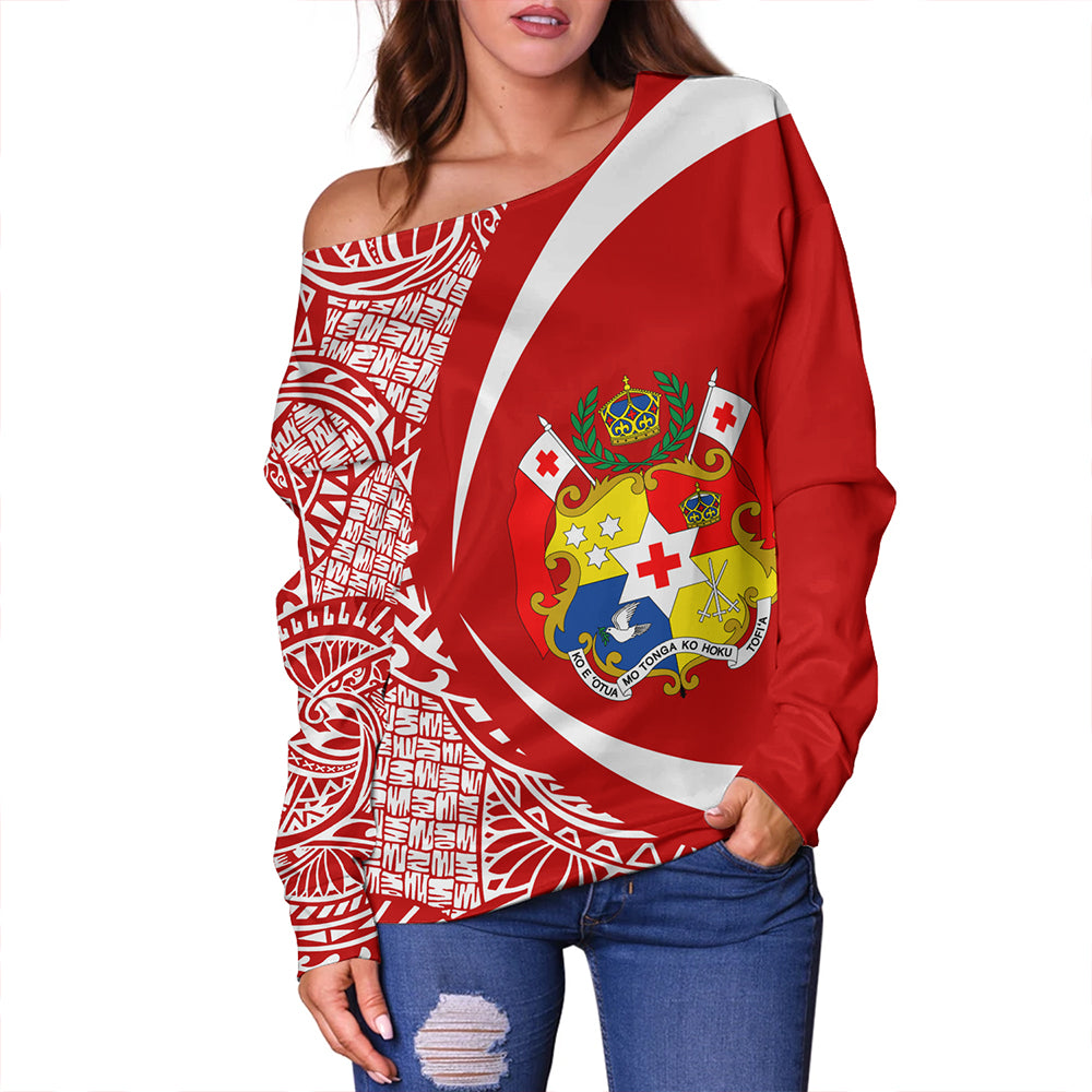 Tonga Off Shoulder Sweatshirt Coat Of Arm Lauhala Circle