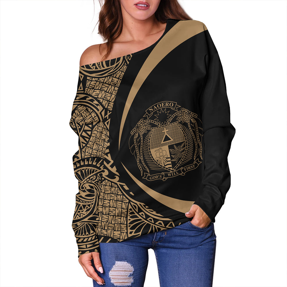 Nauru Off Shoulder Sweatshirt Coat Of Arm Lauhala Gold Circle
