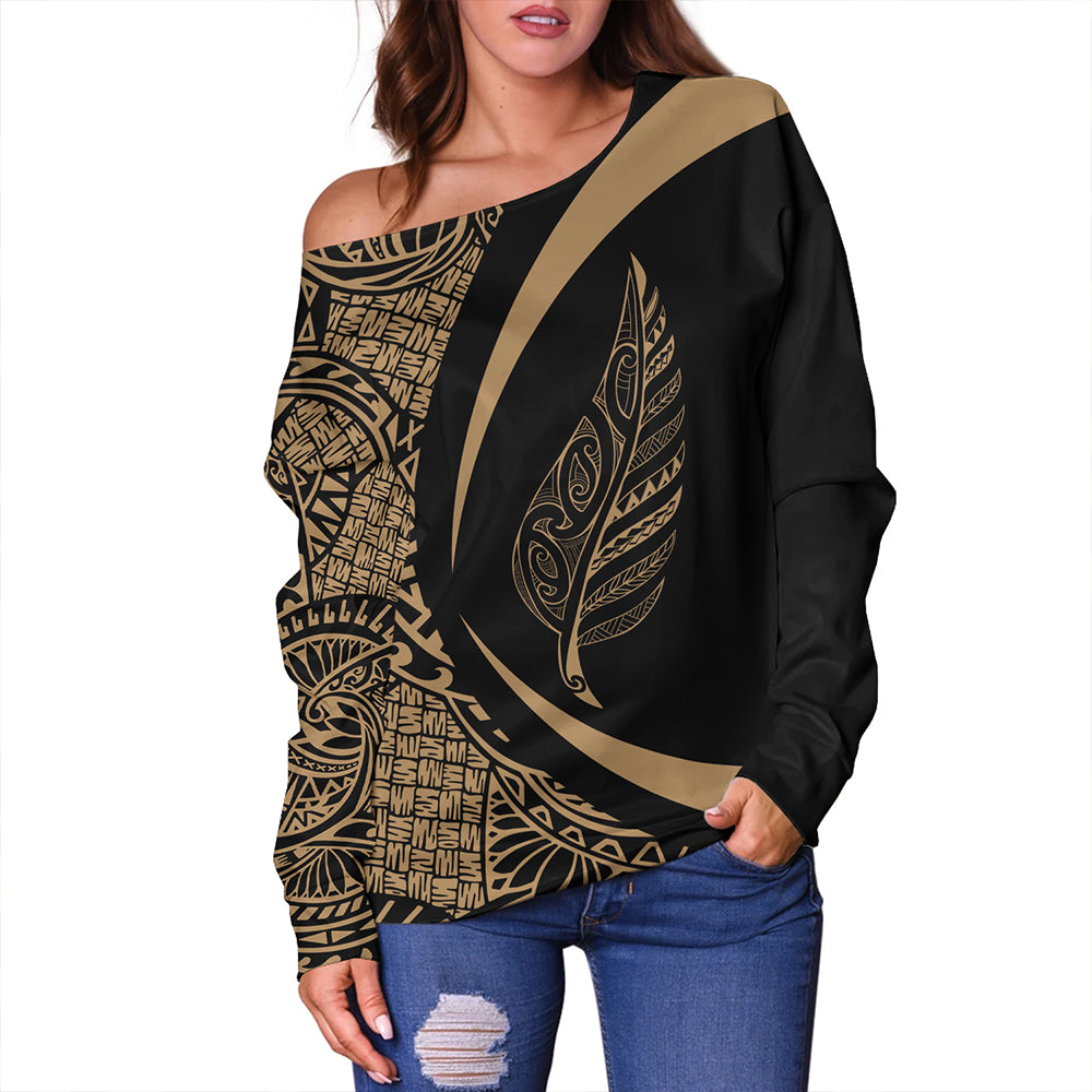 New Zealand Off Shoulder Sweatshirt Silver Fern Lauhala Gold Circle