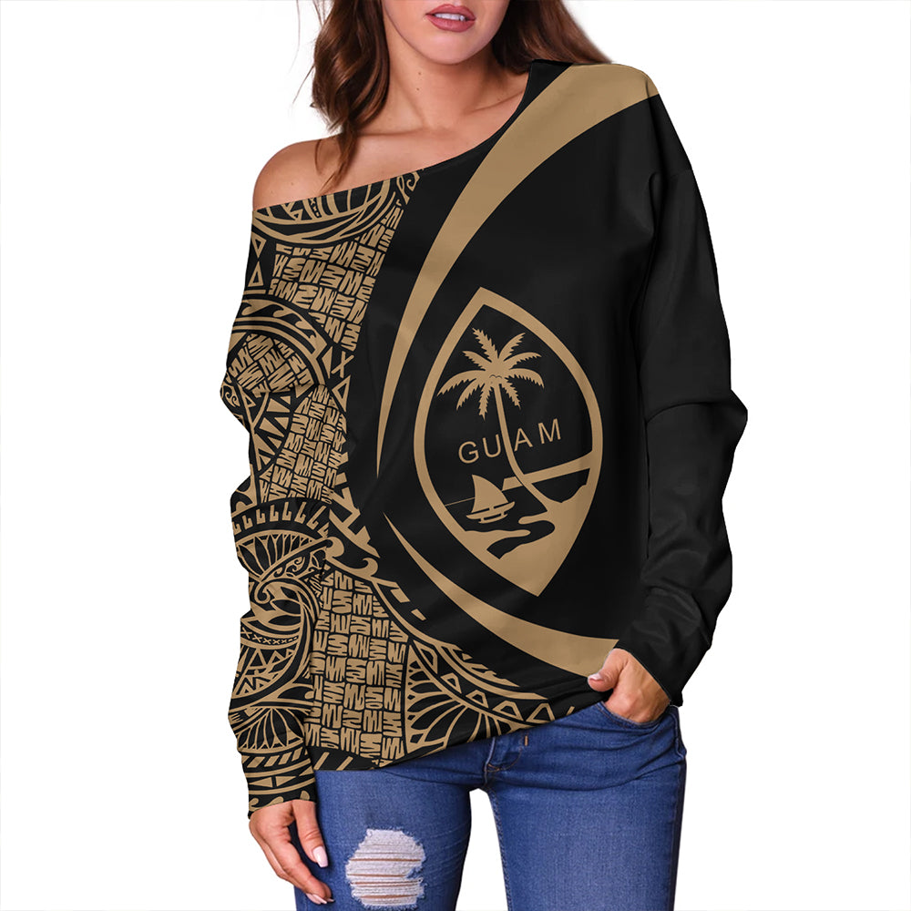 Guam Off Shoulder Sweatshirt Coat Of Arm Lauhala Gold Circle