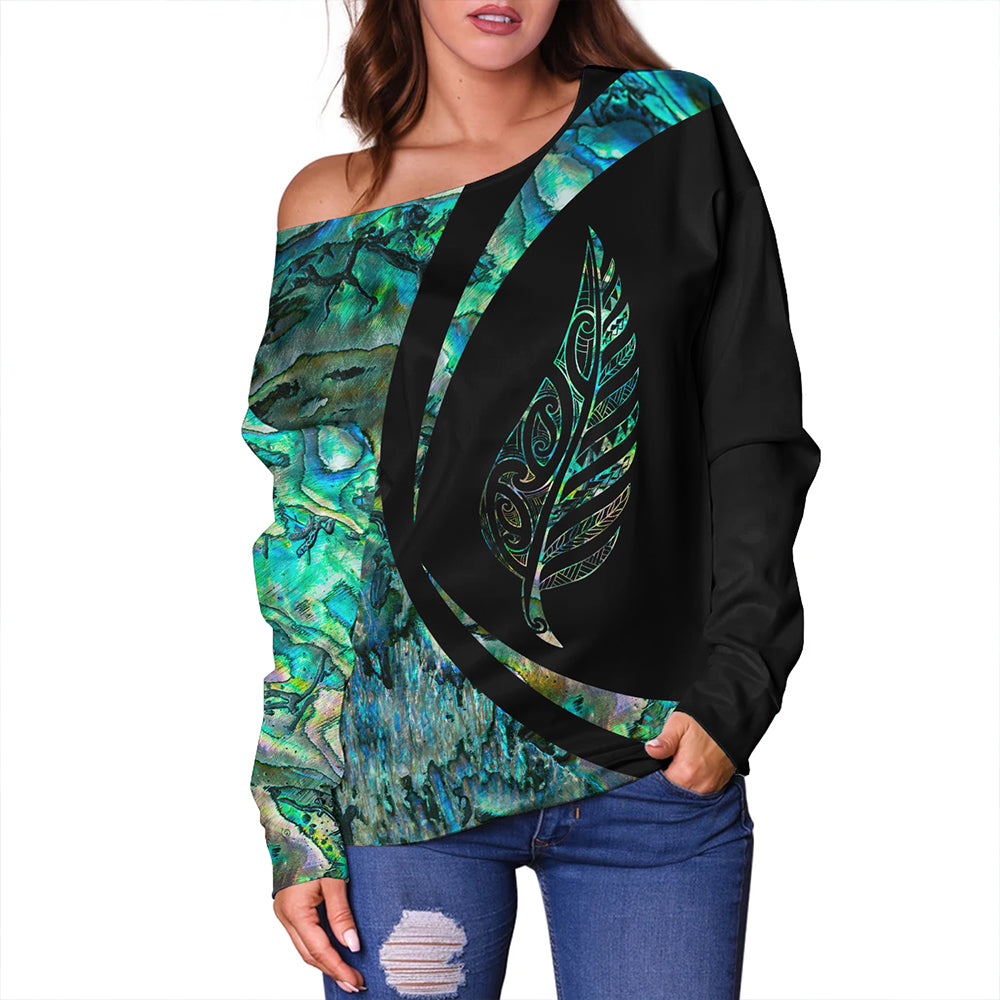 New Zealand Off Shoulder Sweatshirt Silver Fern Papua Shell Circle