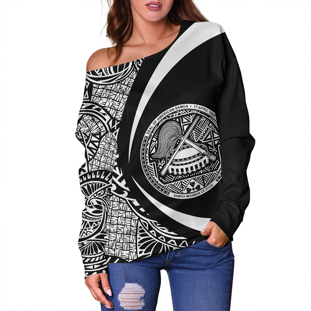 Samoa Off Shoulder Sweatshirt American Samoa Coat Of Arm Lauhala White Circle