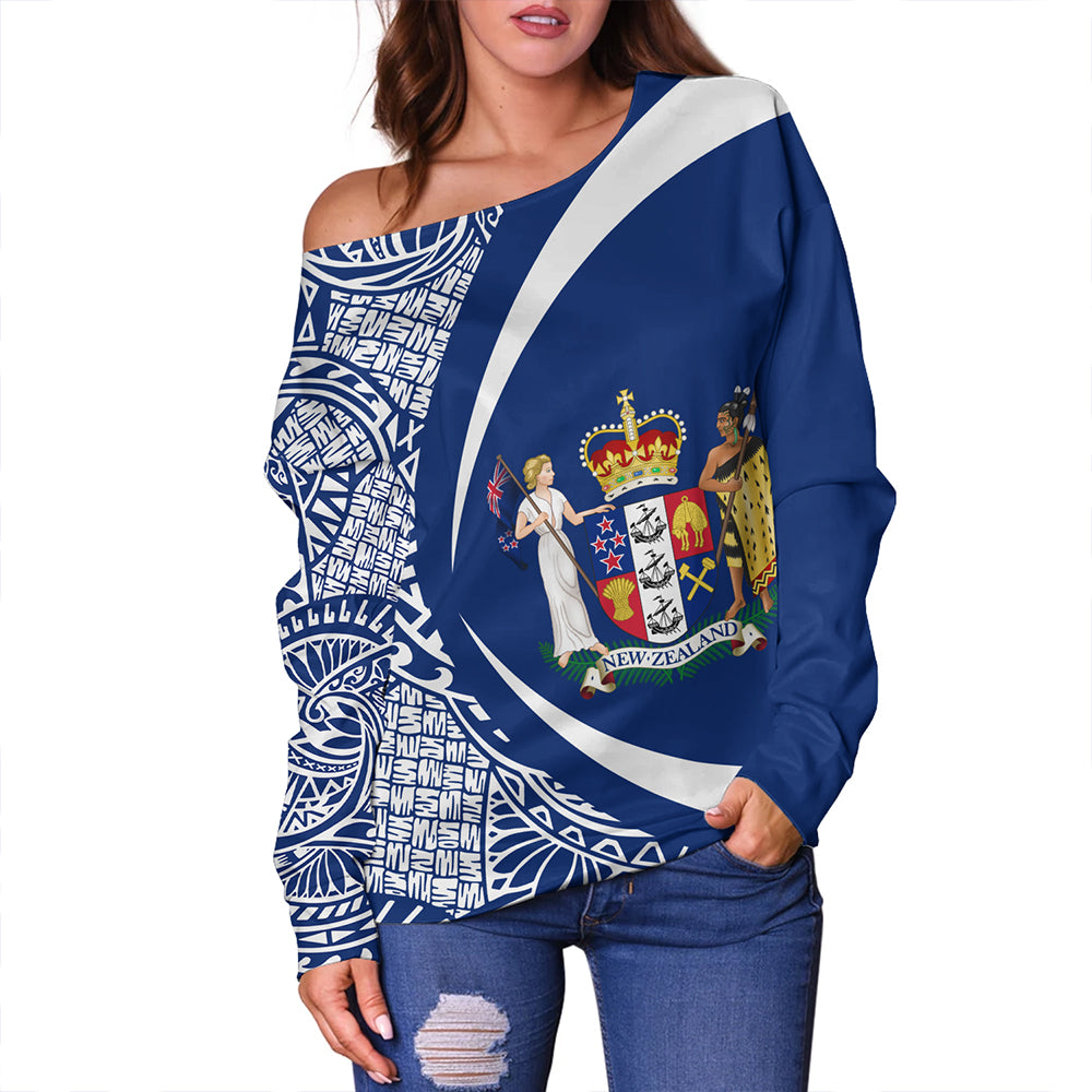 New Zealand Off Shoulder Sweatshirt Coat Of Arm Lauhala White Circle
