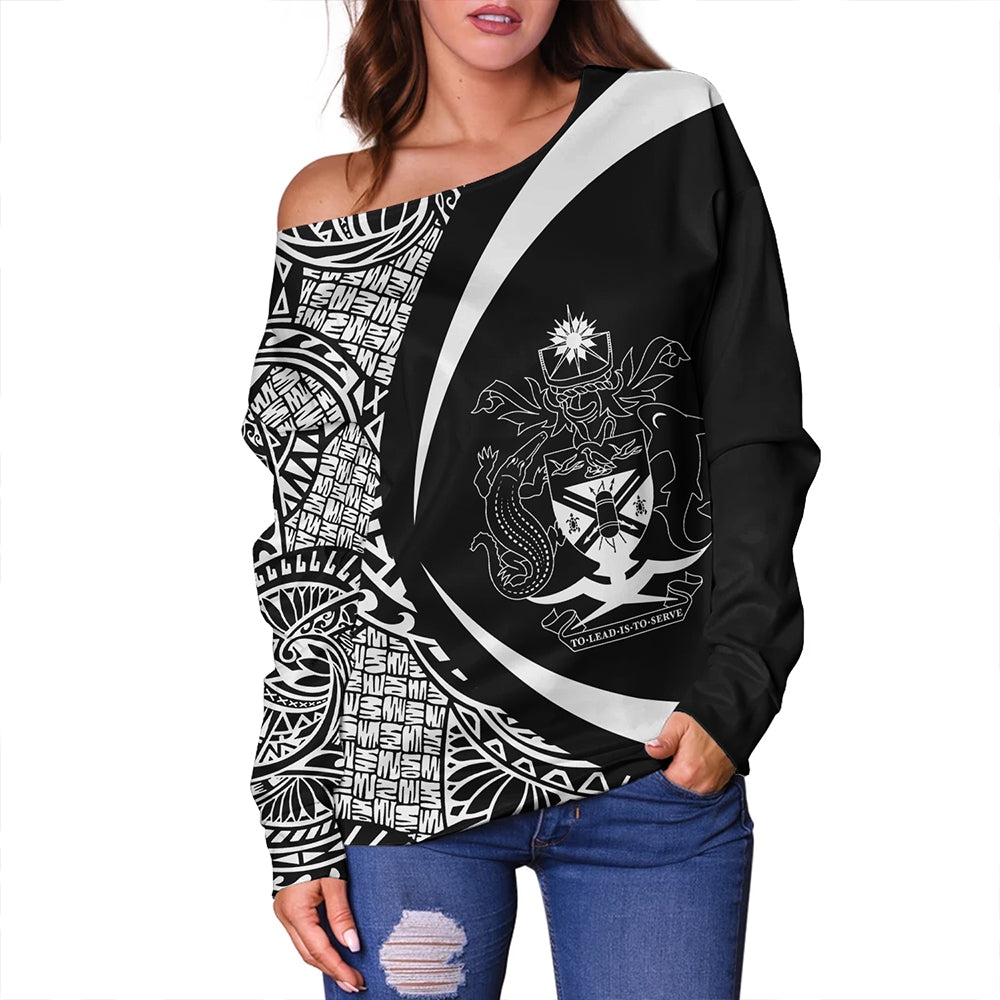 Solomon Islands Off Shoulder Sweatshirt Coat Of Arm Lauhala White Circle