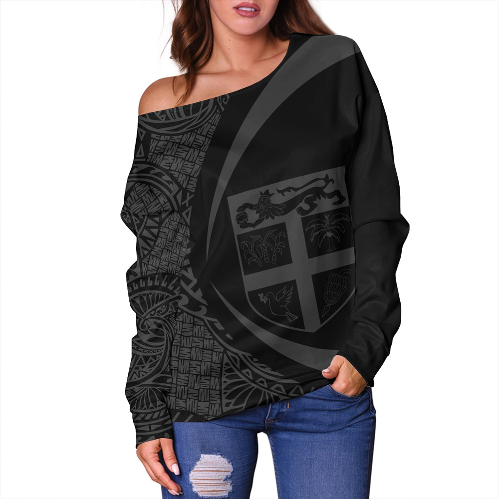Fiji Off Shoulder Sweatshirt Coat Of Arm Lauhala Gray Circle