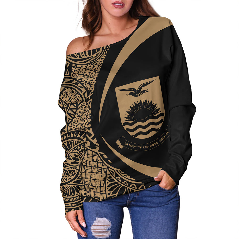 Kiribati Off Shoulder Sweatshirt Coat Of Arm Lauhala Gold Circle