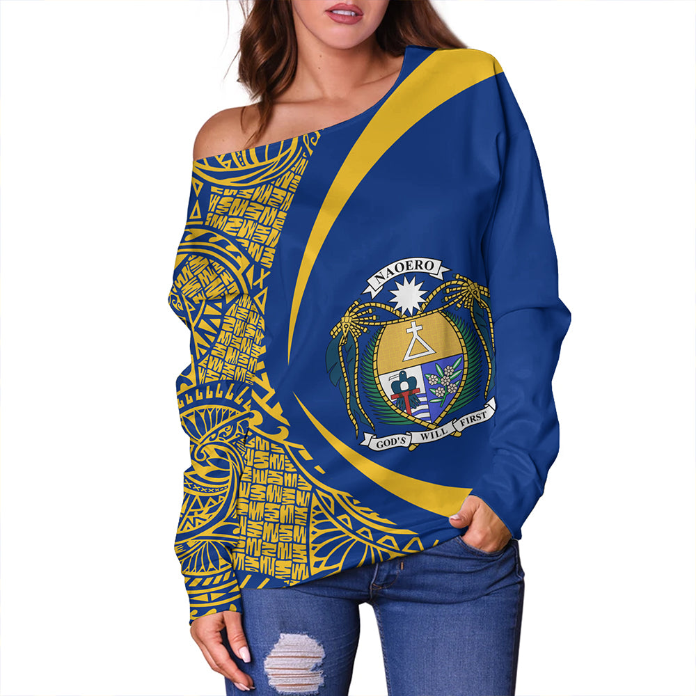 Nauru Off Shoulder Sweatshirt Coat Of Arm Lauhala Circle