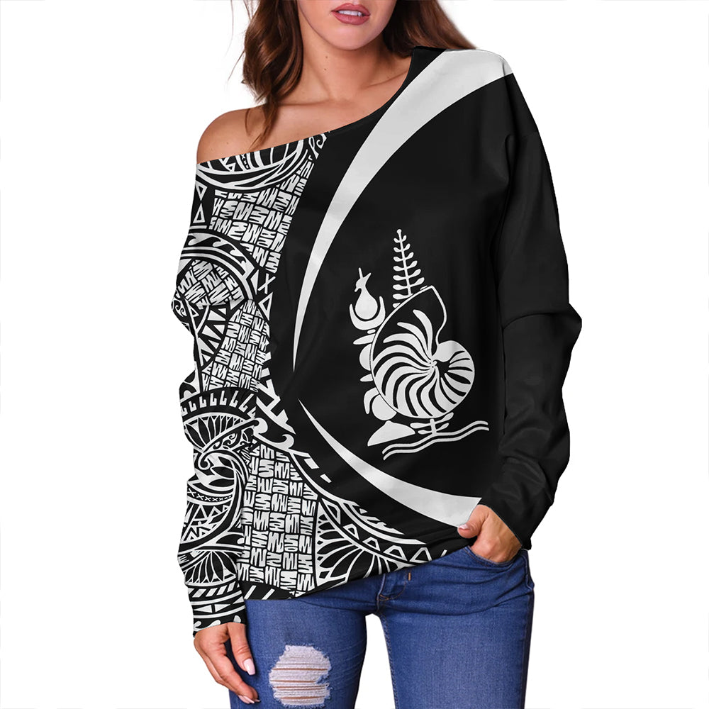 New Caledonia Off Shoulder Sweatshirt Coat Of Arm Lauhala White Circle